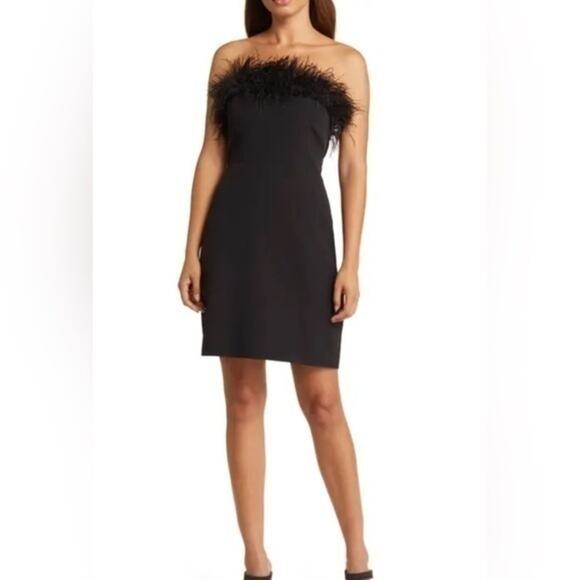 NWT SAM EDELMAN BLACK Feather Trim Strapless Minidress - Picture 1 of 7